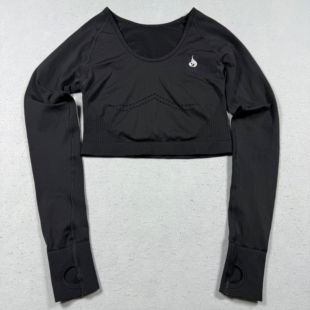 READvRyderwear Womens Black Seamless Long Sleeve Crop Top Athletic Gym Shirt - Picture 2 of 7